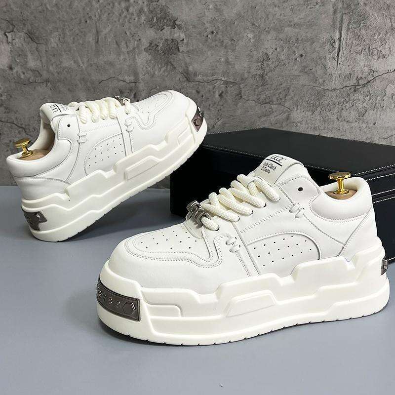 Men's Design White Thick Sole Trendy Sneakers Versatile Height-Increasing Loafers Fashionable Casual Shoes