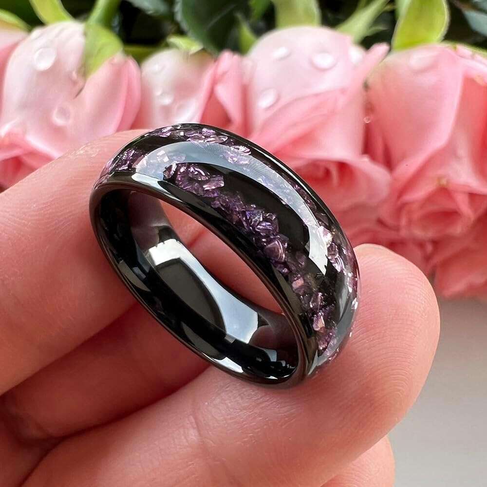 8mm Sier/Black/Gunmetal Purple Tungsten Rings for Men Women Amethyst Inlay Fashion Engagement Promise Wedding Band Polished Comfort Fit