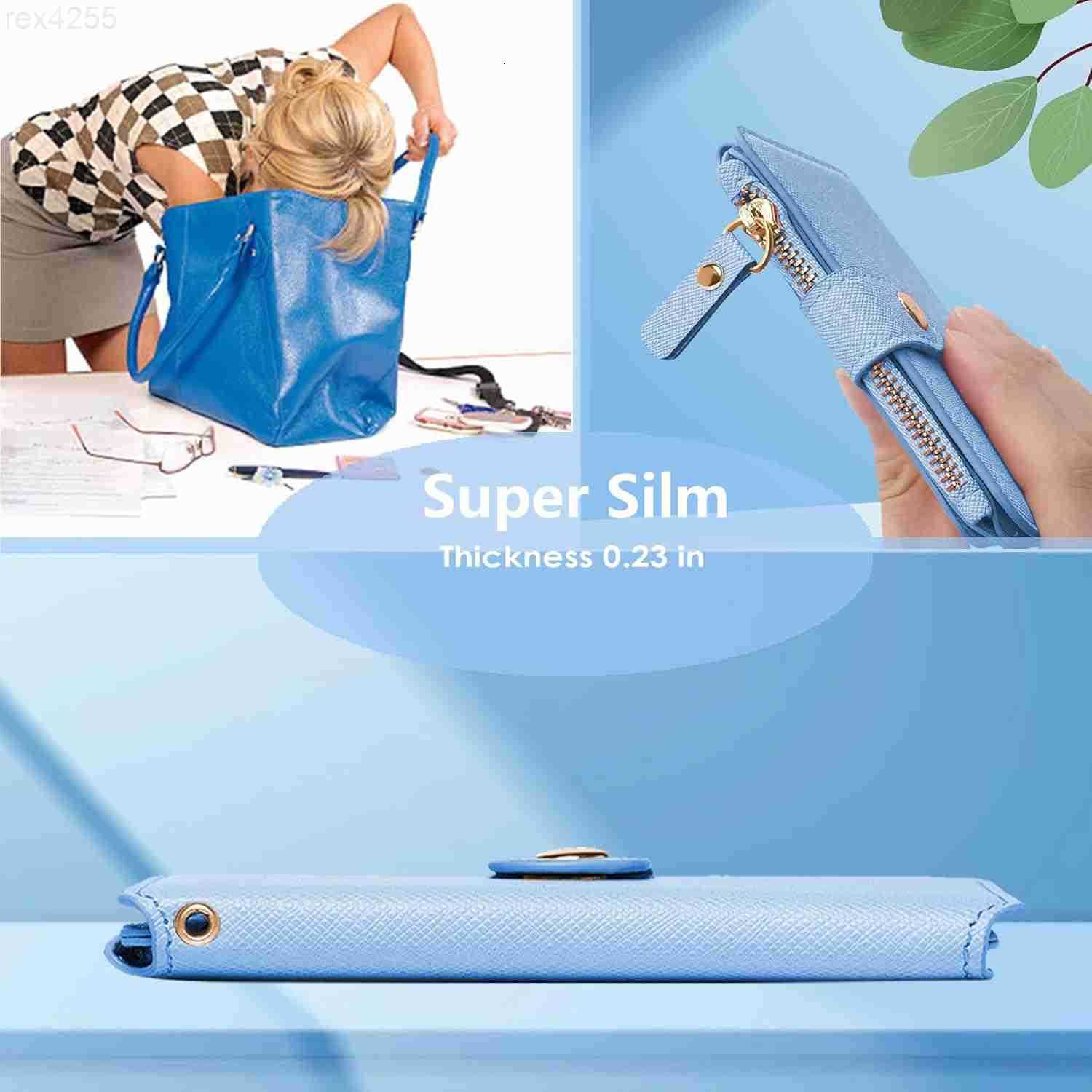 Wallet Womens Wallet Leather Keychain Wallet With Zipper Coin Pocket ID Window Wrist Strap Gift Box Sky BlueW250911