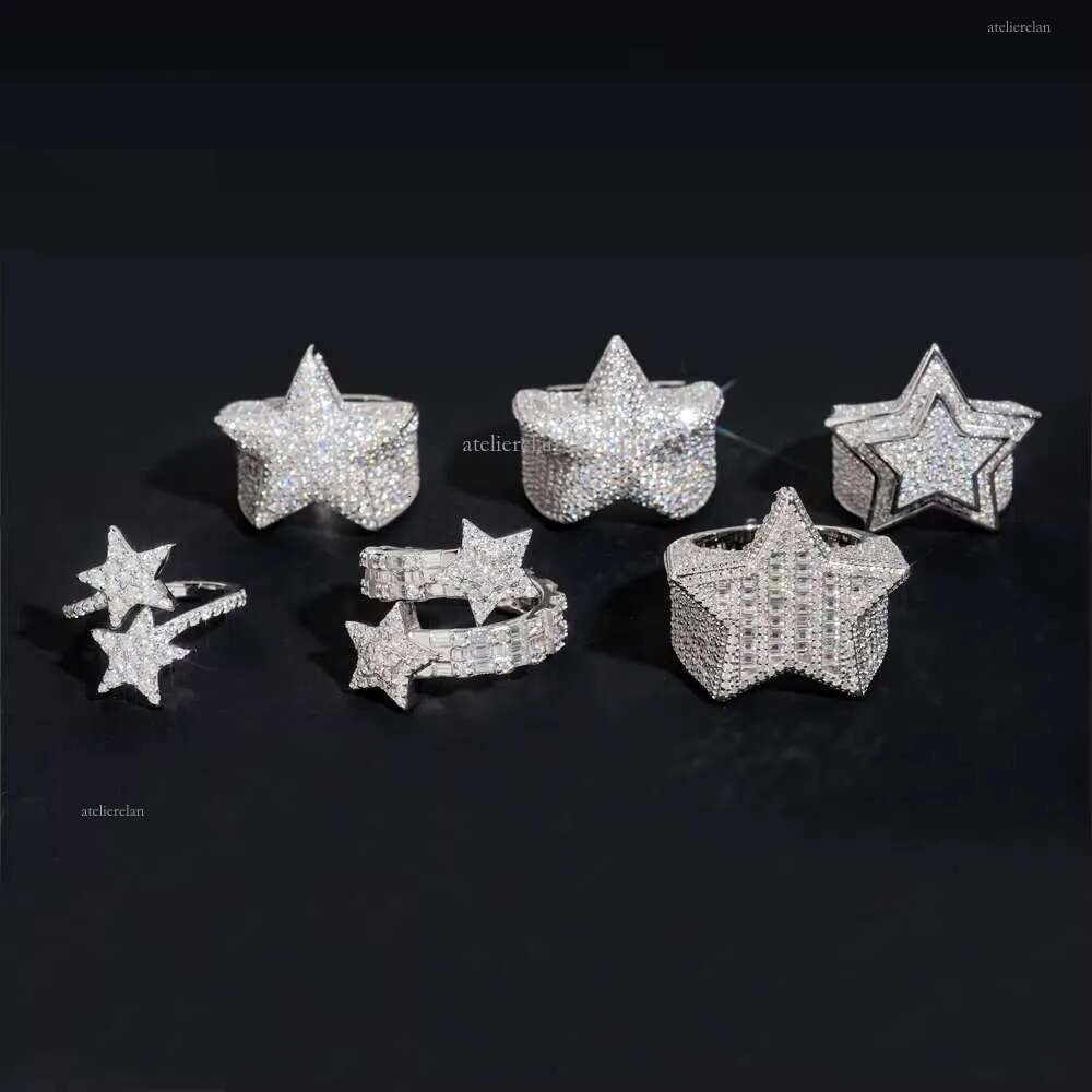 Hot Sale Instock Iced Out Star Moissanite Rings Sier Hip Hop Pass Dia Tester Fashion Men Cuban Ring