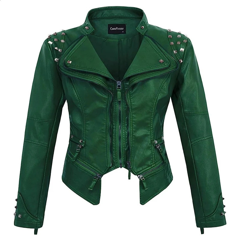 Spring Style Suit Collar Rivet Waist Short Washed Pu Leather Jacket 250911