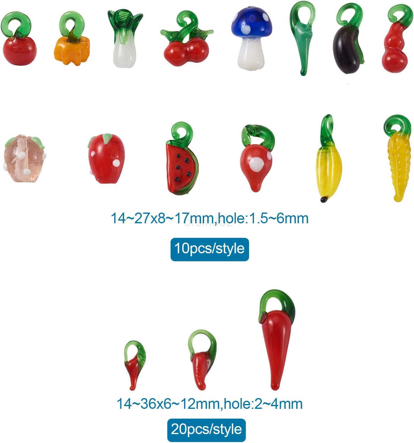 200pcs Fruit Vegetable Lampwork Glass Charm Pendants Handmade Colorful Cherry Pumpkin Chili Glass Dangle Charm Beads for DIY Charm s Necklace FW250911