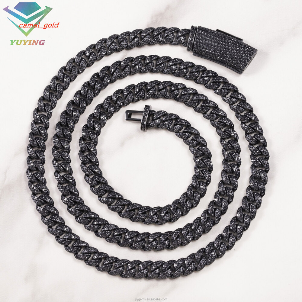 Mystic Black Gold Plated Black Moissanite Diamond Full Iced Out 6mm Wide 2Rows Cuban Link Chains for Men Fashion Silver Jewelry