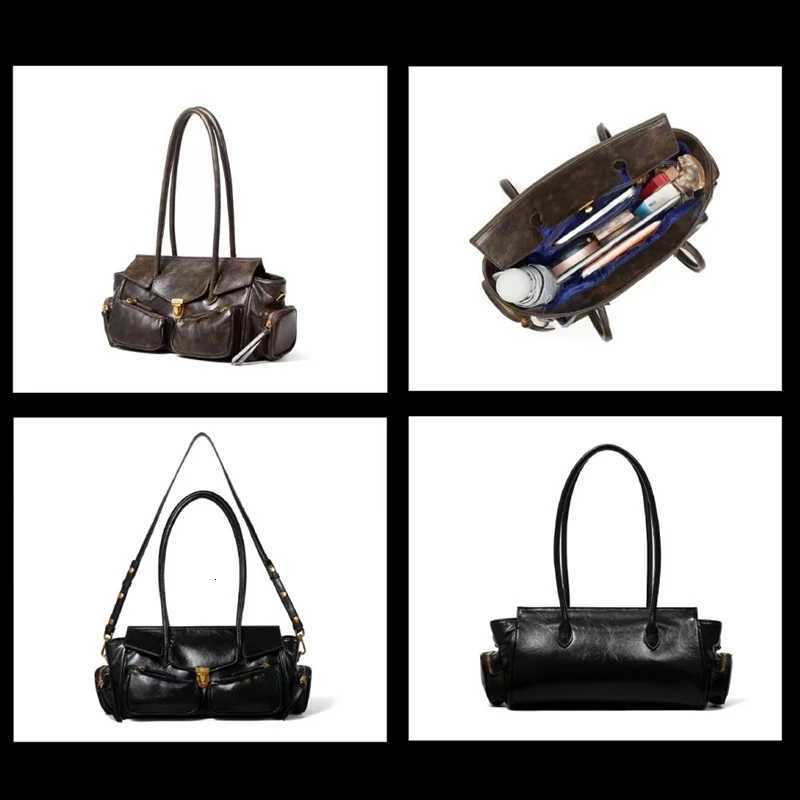 Vintage Underarm Bag For Girl Versatile Handbag Multipocket Motorcycle Bag Luxury Designer Handbag Spaghetti Strap Leather Bag W250911
