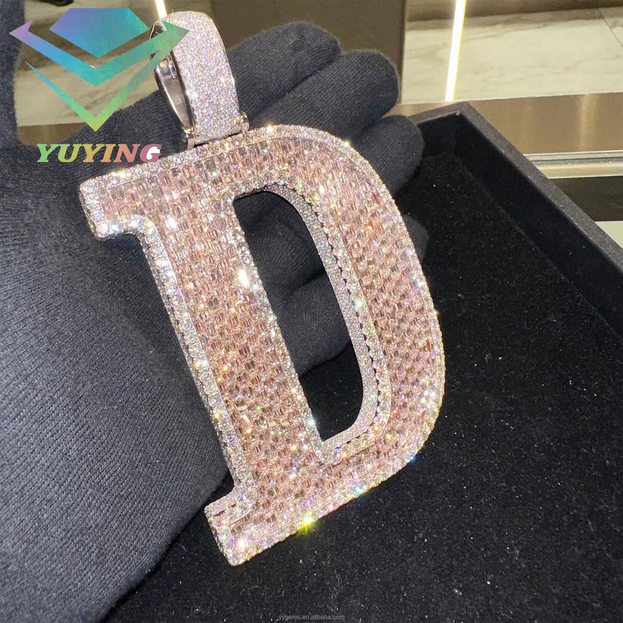 Hip Hop Baguette Moissanite Custom 2inch Letter Pendant 925 Sterling Silver Iced Out Name Charm Pendant for Chain Necklace