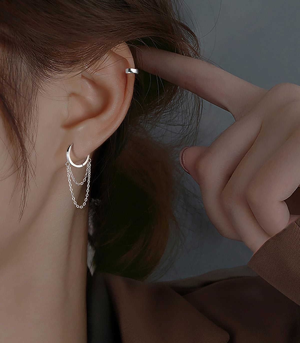 Solid 925 Sterling Silver Tassel Chain Drop Dangle Small Hoop Earrings Huggie for Women TeenW250911