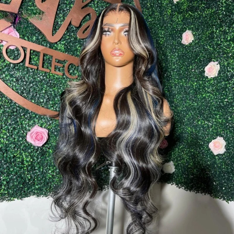 Transparent Highlight Blue Body Wave Human Hair Wigs Blue with Blonde 13x4 5x5 HD Lace Closure Wig Preplucked Brazilian Hair Wigs for Women