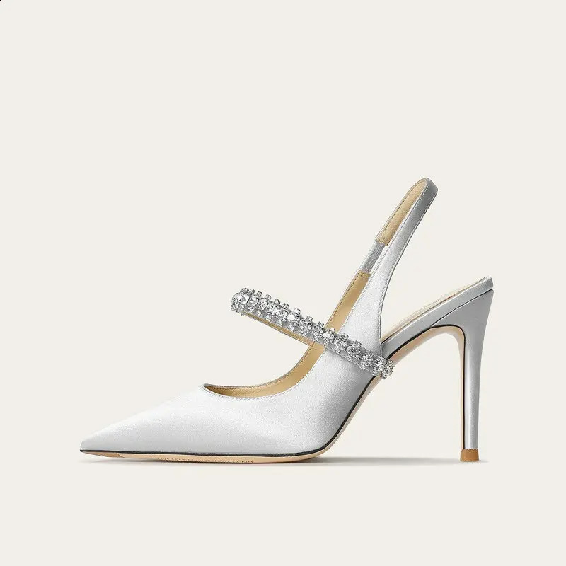 Zapatos Mujer Sandals Women Satin High Heels Wedding Prom Shoes Summer Fashion Silk Diamond Pointed Back Strap Heels250910