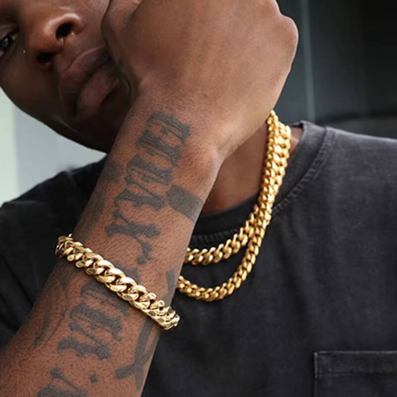 HipHop Miami Thick Cuban Link Chain Stainless Steel Necklace for Men Women 18k Gold Plated Jewelry Bracelets