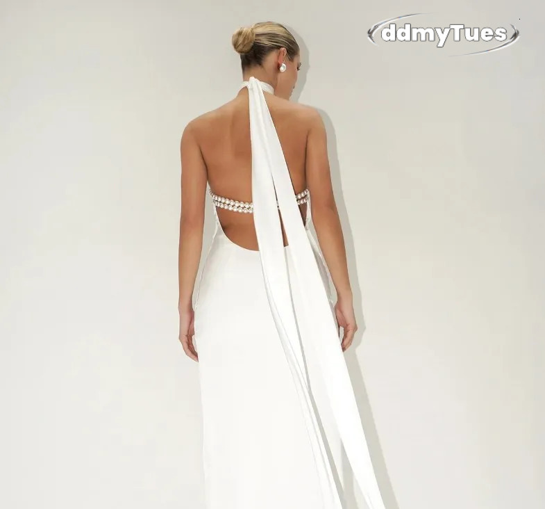Casual Dresses Chic Women Celebrity Sexy Backless Halter Pearl Black White Maxi Long Bodycon Dress Elegant Evening Club Party Outfit TUES