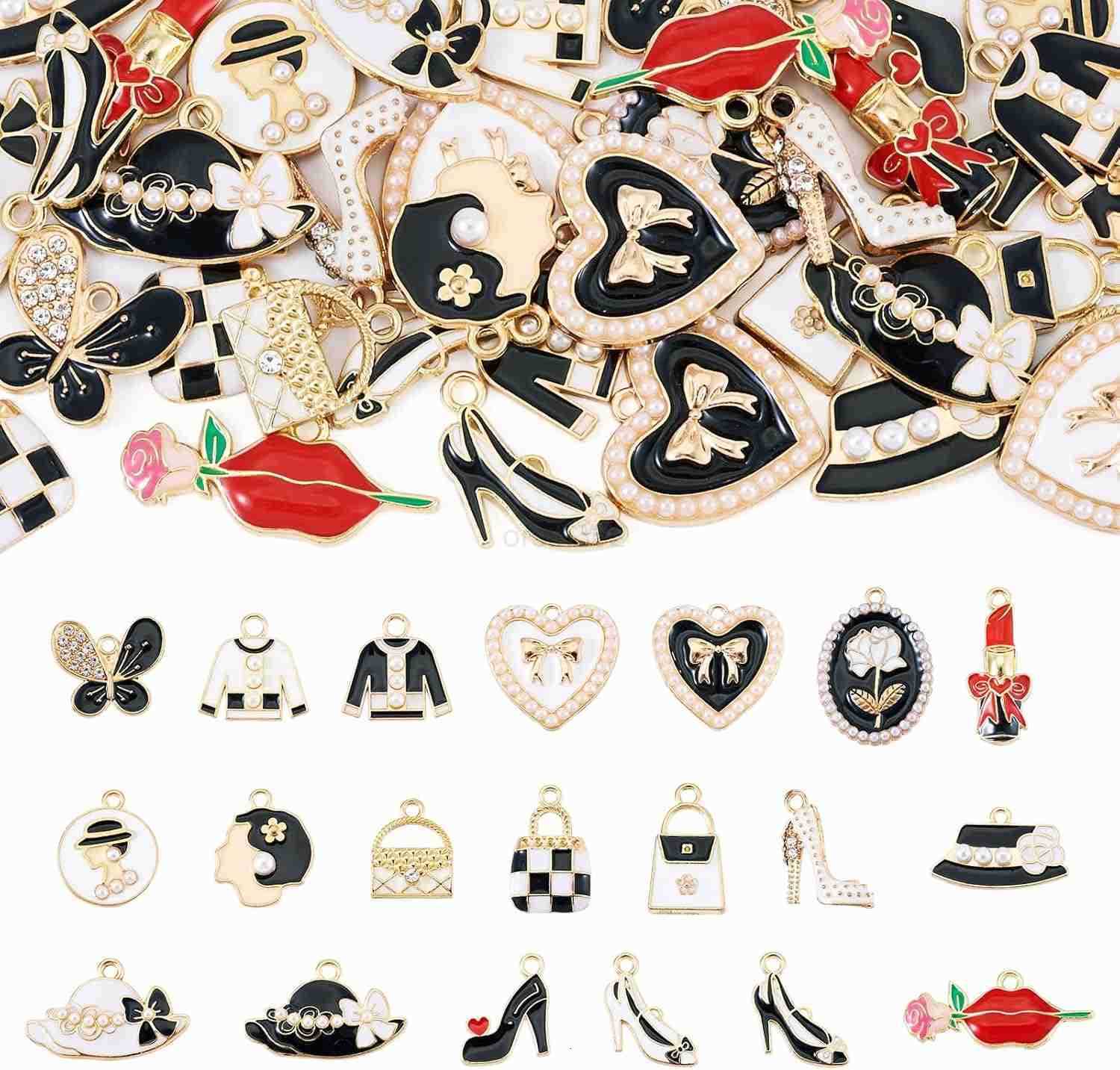 40Pcs Enamel Fashion Women Makeup Charms Lipstick Hat Bag High Heels Alloy Pendants for DIY Earring Necklace Jewelry MakingW250911