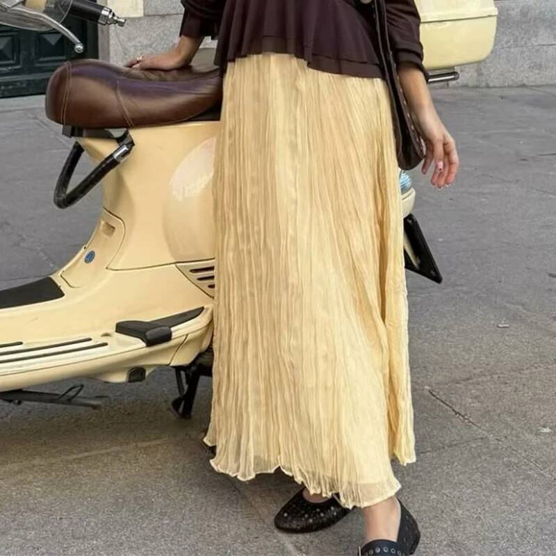 YENKYE Women Crinkle A-line Midi Butter Yellow Skirt Elastic Waist Spring Summer Holiday Elegant Skirts New 2025 faldas mujer dongdumaoyi