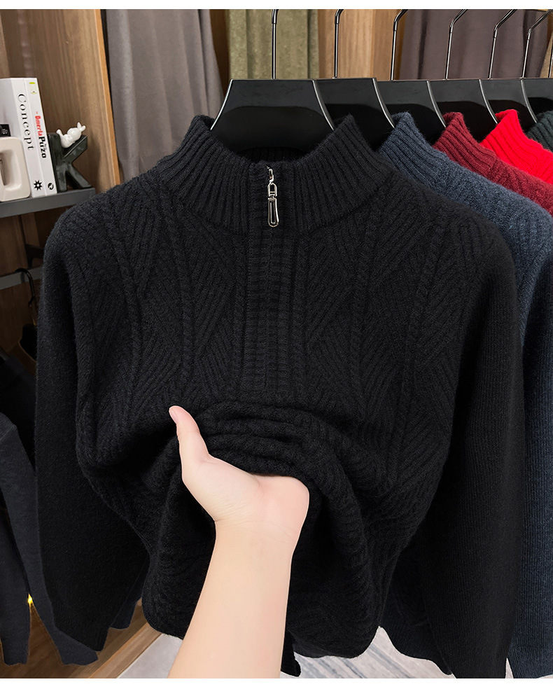 Men's Mid-Age & Young Adult Half-Zip Sweater - Winter Thickened, Warm, Business-Casual Pullover Base Layer Knitwear