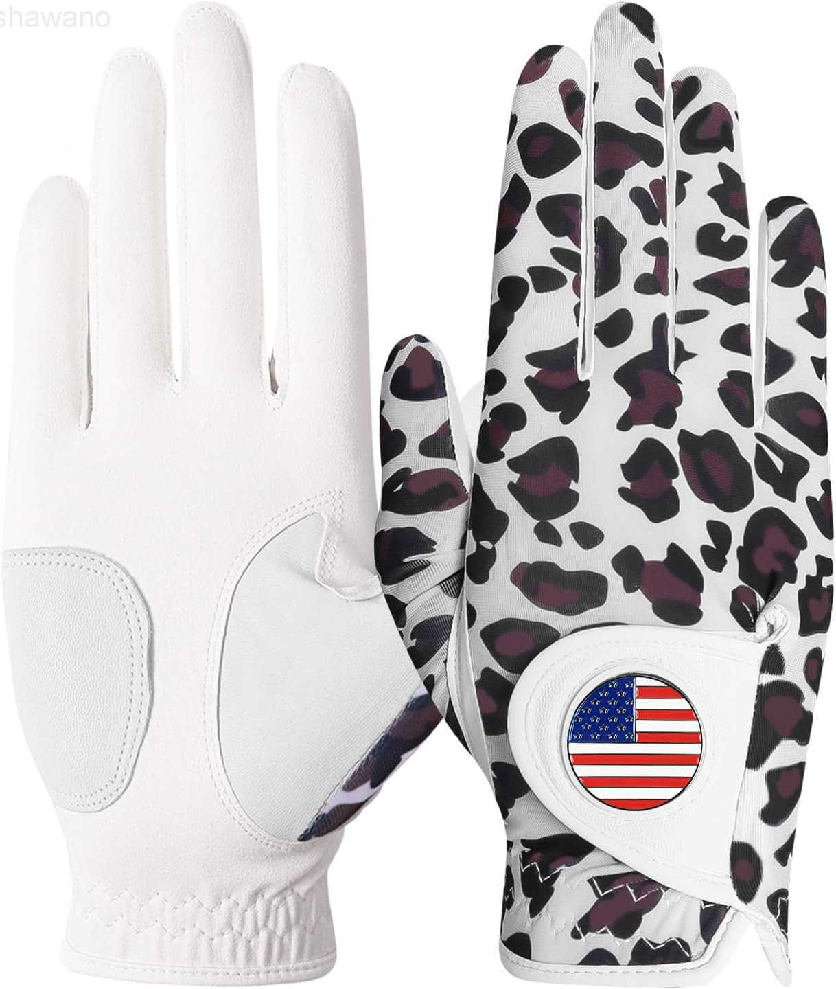 Sport Womens Golf Glove with Ball Marker Rain Left Right Hand Leather Printed Pack Ladies Golf Gloves All Weather Grip Breathable Soft Size Small Medi