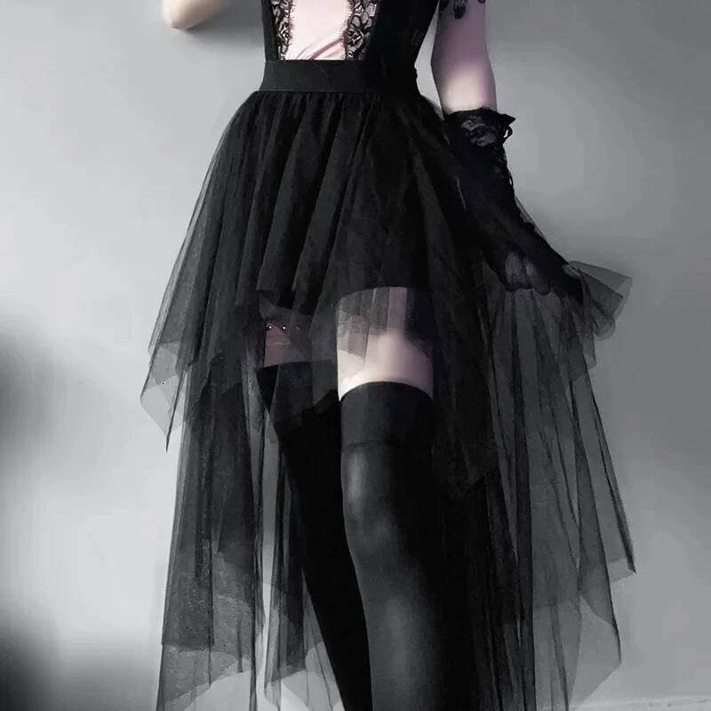 Casual Skirts Punk Sexy Net Yarn High-Waisted Irregular Skirt for Women Summer New European and American Gothic Style Versatile dongdumaoyi