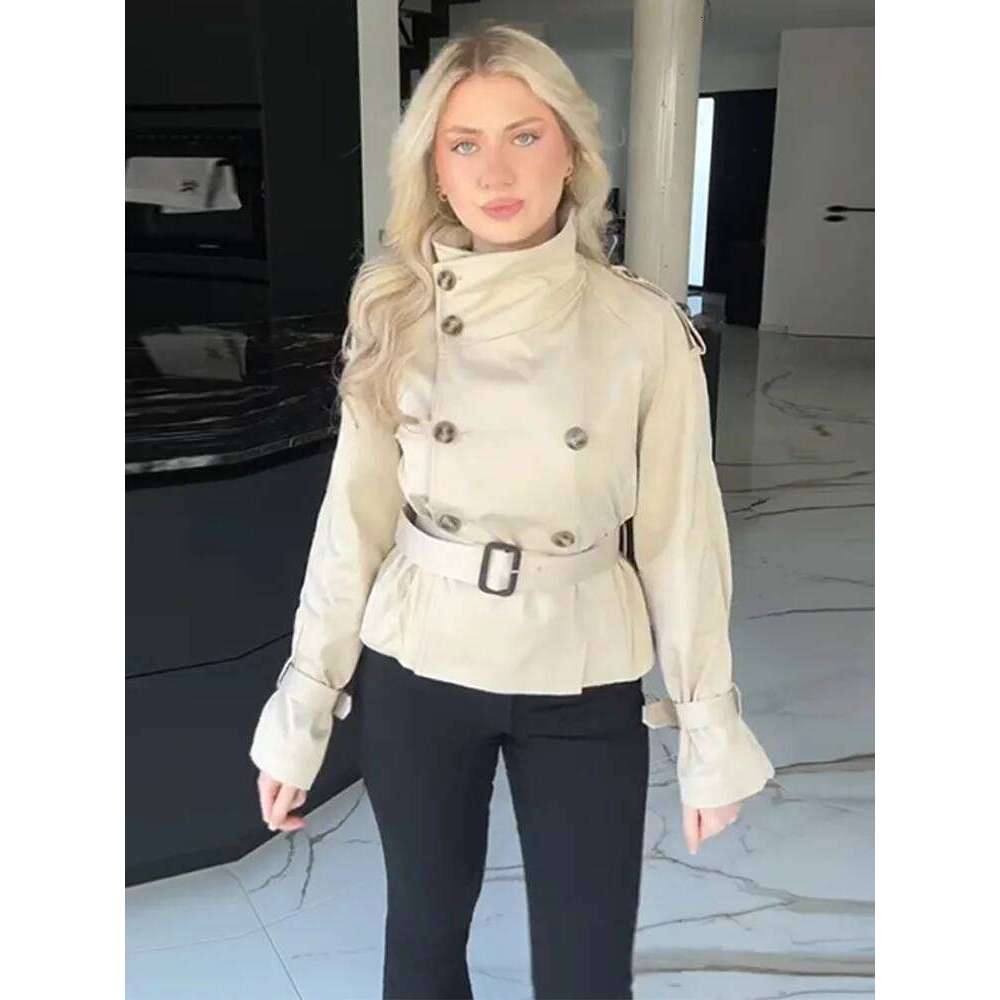 Spring Double Breasted Trench Coat With Belts Women Elegant Stand Collar Long Sleeve Jacket Office Lady Windbreaker Street Tops