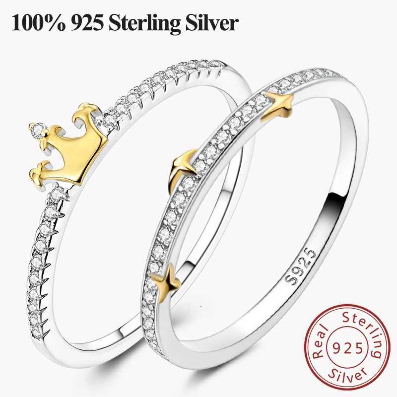 Rings 100 925 Sterling Silver Finger Band Rings Simple Golden Star Shining Crown Ring for Men Women Wedding Engagement Jewelry W250911