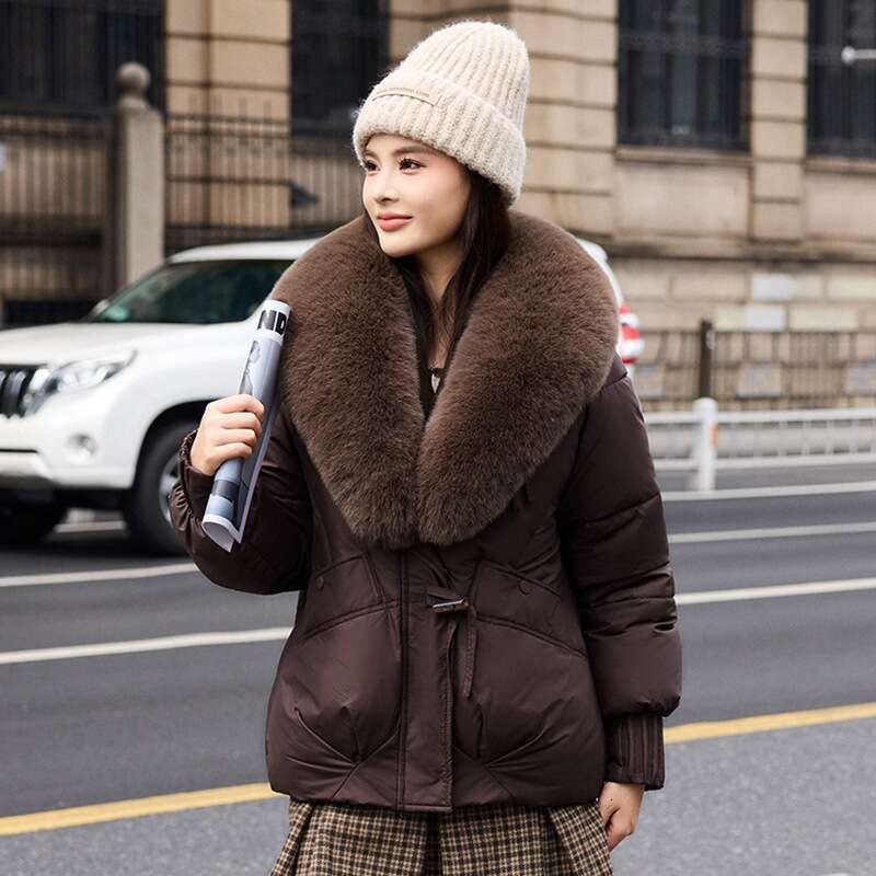 Phoenix Down for Women Winter New Large Fur Collar Short Puffer Jacket Loose Cotton Coat Outerwear