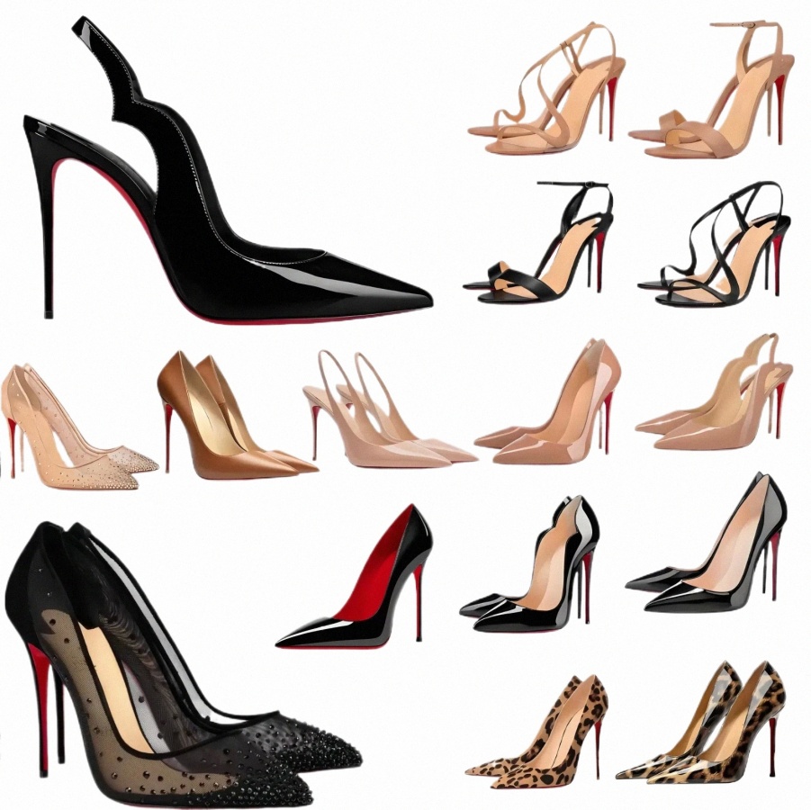 Femmes Red Shiny Bottomshoes High Heels Chaussures Designer Sandales à orteils pointues 6 8 10 12cm Nude Black Patent Le cuir femme Pumps avecbag
