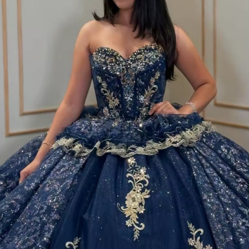 Navy Blue Shiny Beaded Quinceanera Dresses Ball Gown Appliques Lace Beads Party Birthday Sweet 16 Dress Vestidos De 15 Anos