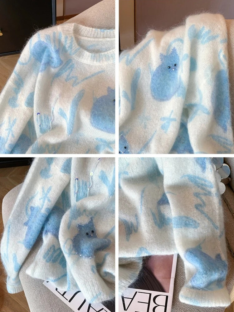 Heavy Industry n Cat Print Bead Soft Waxy Pullover Womens Lazy Agereducing Mohair Knitted Sweater 250911