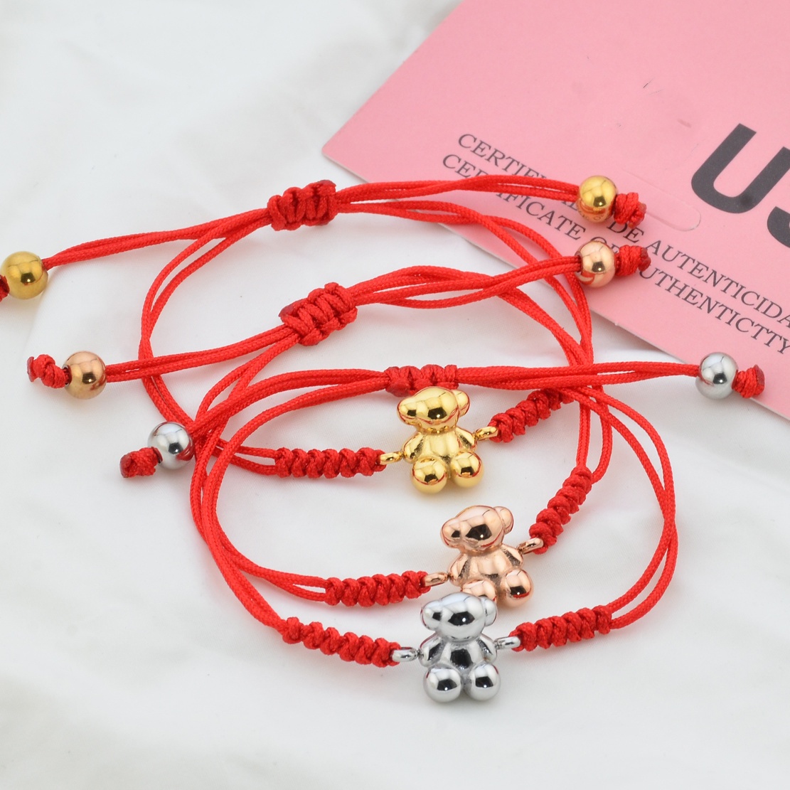 Fashion Women Men Silver Rose Gold Bear Stainless Steel Cartoon Animal Red Black Weave Rope Bracelets Jewelry Pulsera Gift