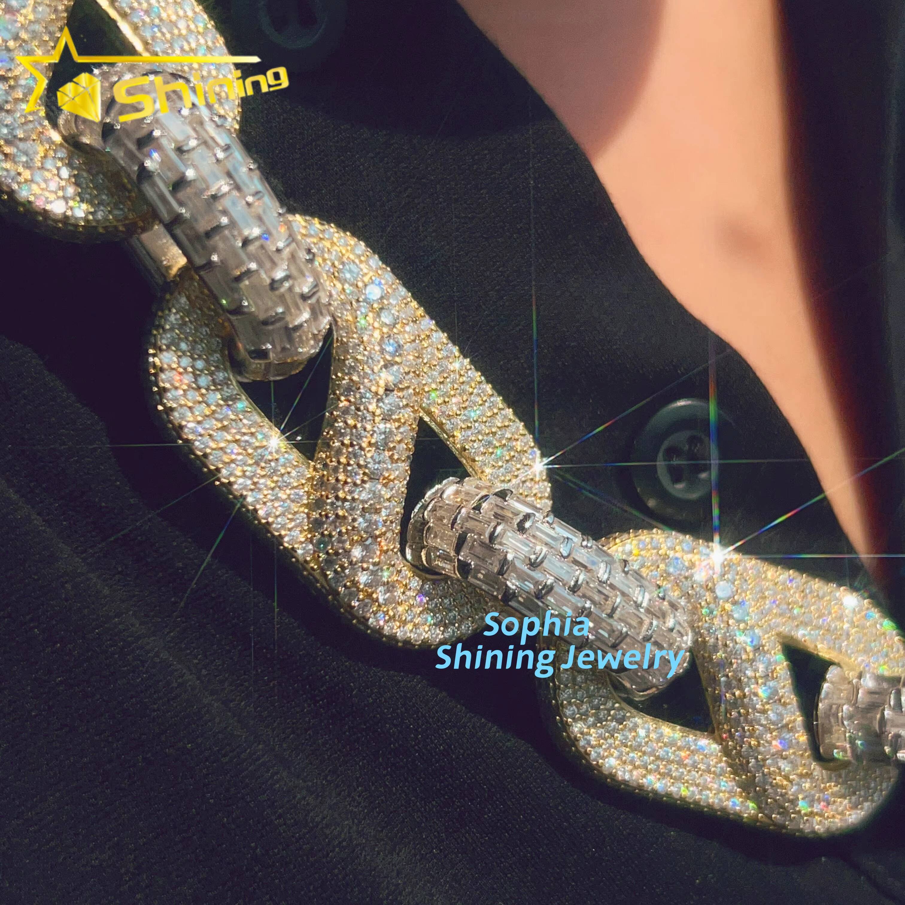 Luxury Fashion Design Vvs Moissanite Diamond Hip Hop Buss Down Rapper Jewelry baguette Cut Silver Cuban Link Chain GRA Certified