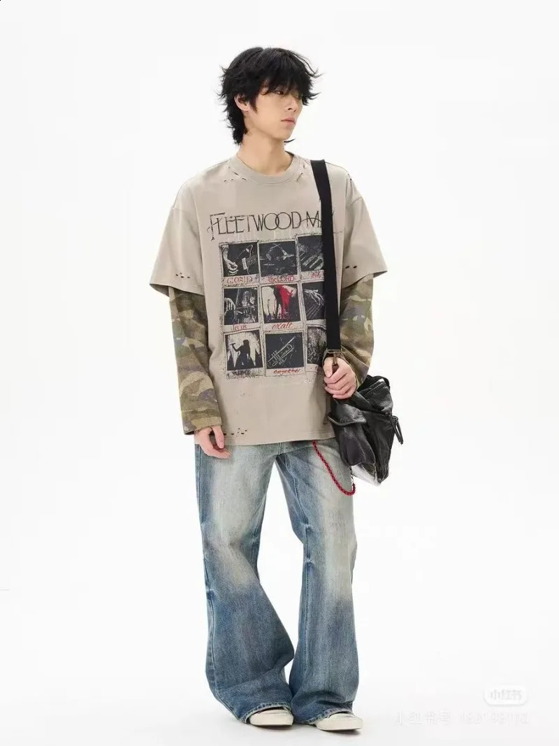 Hip hop punk retro pattern ripped men pullover street fashion camouflage sleeve two clothing loose trend sweatshirt 250911