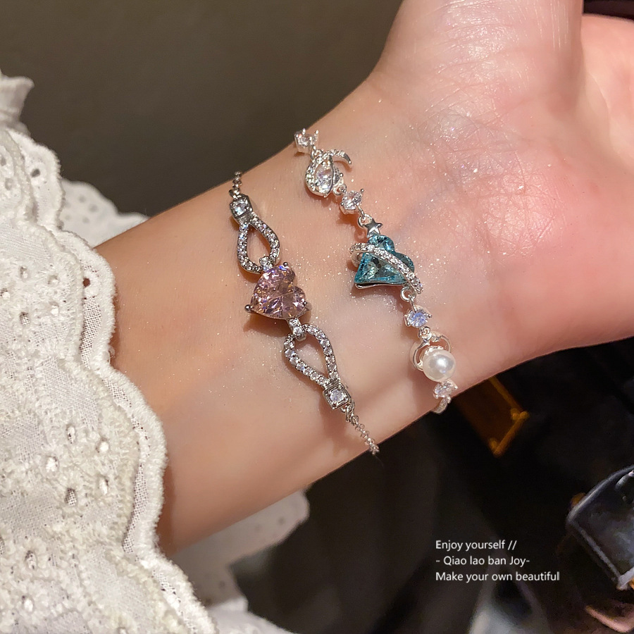 Silver - Toned Bracelet With Pink Heart - Shaped Crystal, Sparkly Pave Accents Delicate Daily & Romantic Jewelry Gift For Her High Quality And Elegant