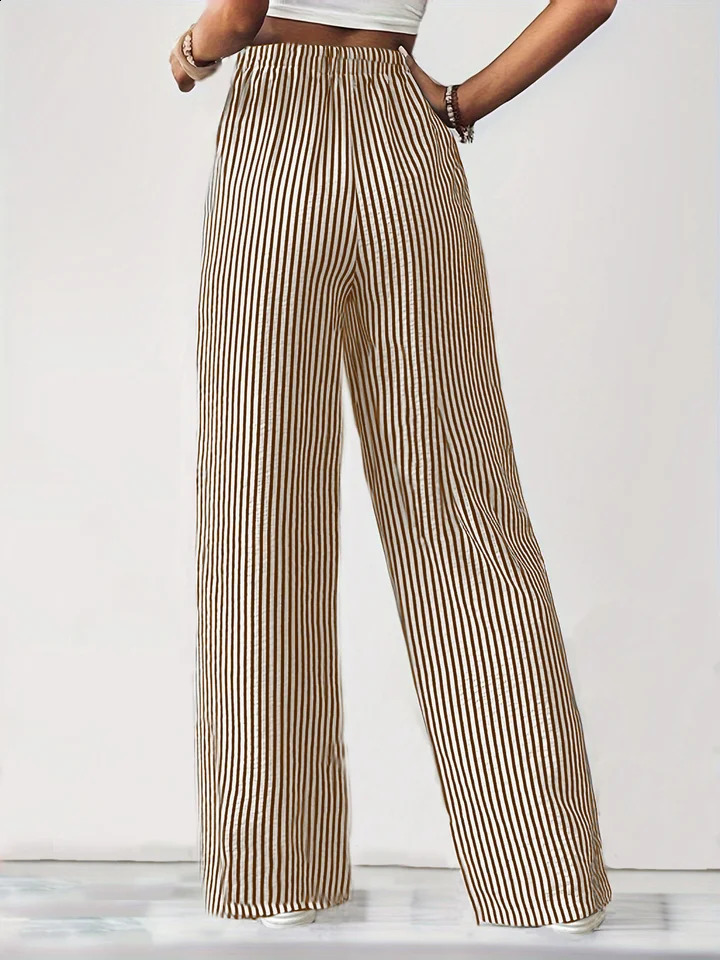 Womens Striped Wide Leg Pants High Waist Drawstring Casual Trousers with Side Pockets Straight Lounge 250911