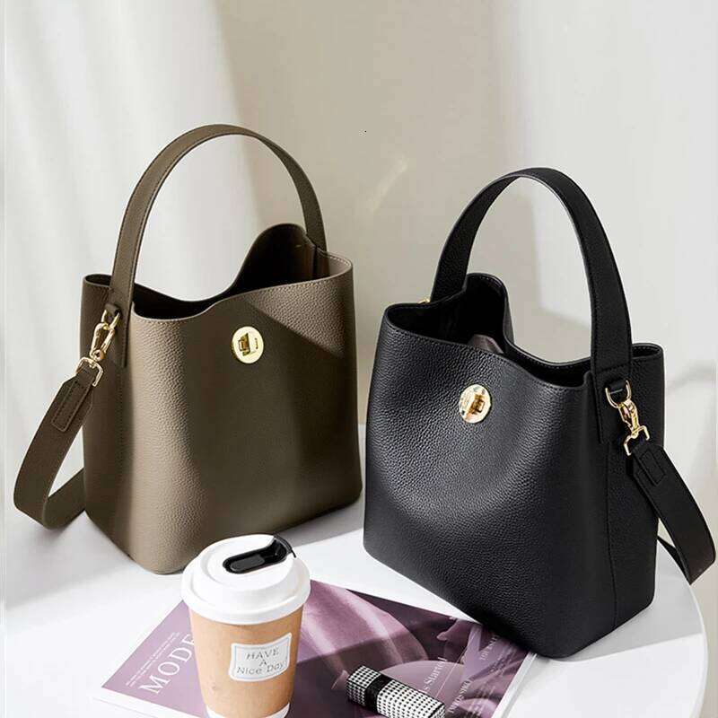Hifashion Cowhide Genuine Leather Bucket Tote Handbags For Women 2025 Designer Work Office Ladies Shoulder Crossbody Bags