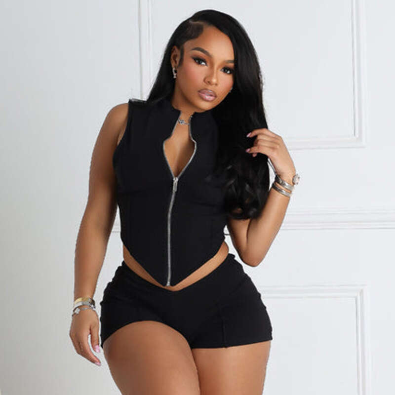 Women's Spring Summer Zipper Lapel Sleeveless Line Casual Sexy Crop Top High Waist Tight Shorts Set