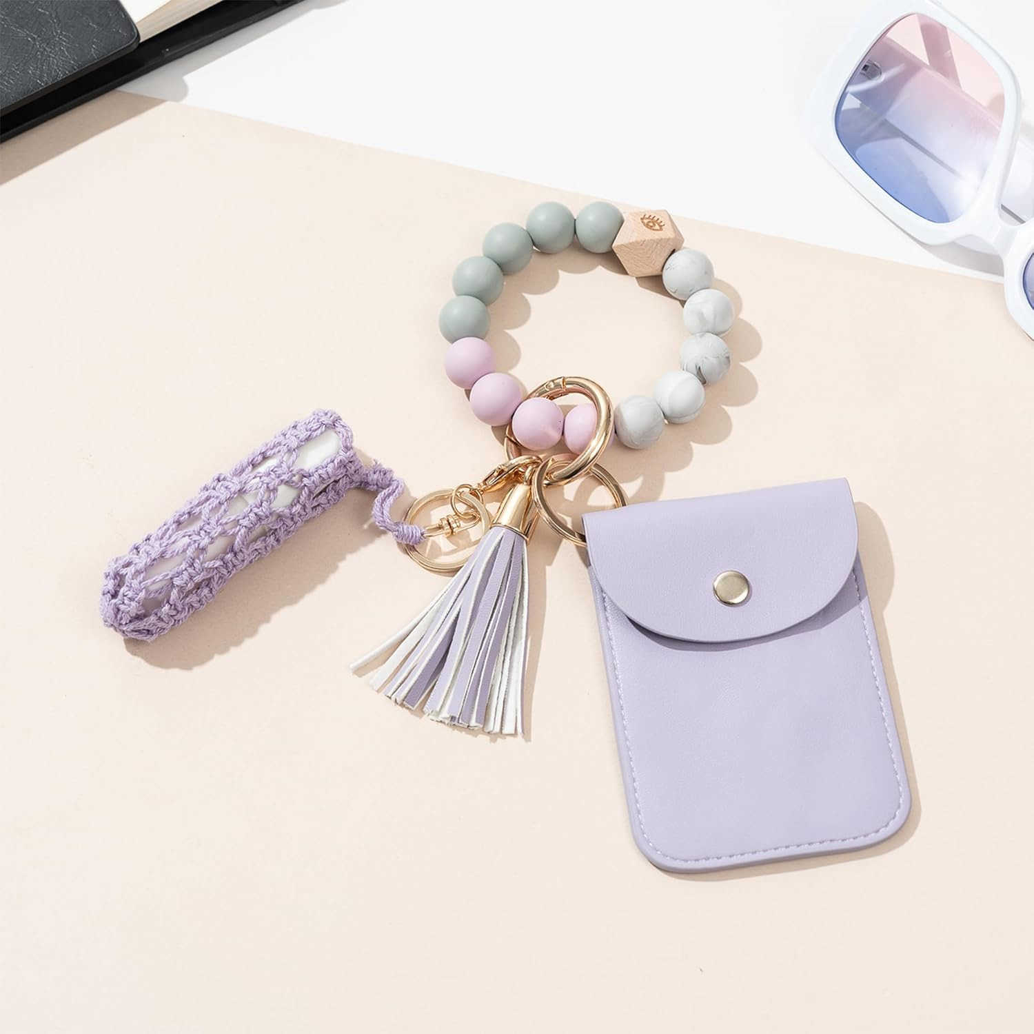 wallet Keychain for Women Lipstick Chapstick Keychain Beaded Bracelet Key Ring Women Coin PocketW250911