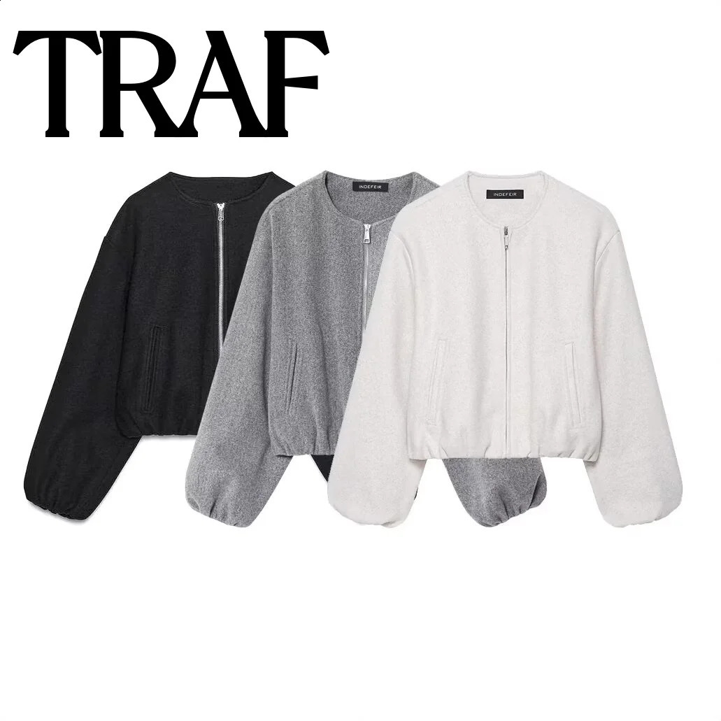 TRAF French round neck zipper simple womens autumn item solid color long sleeved soft versatile pilot jacket 250911