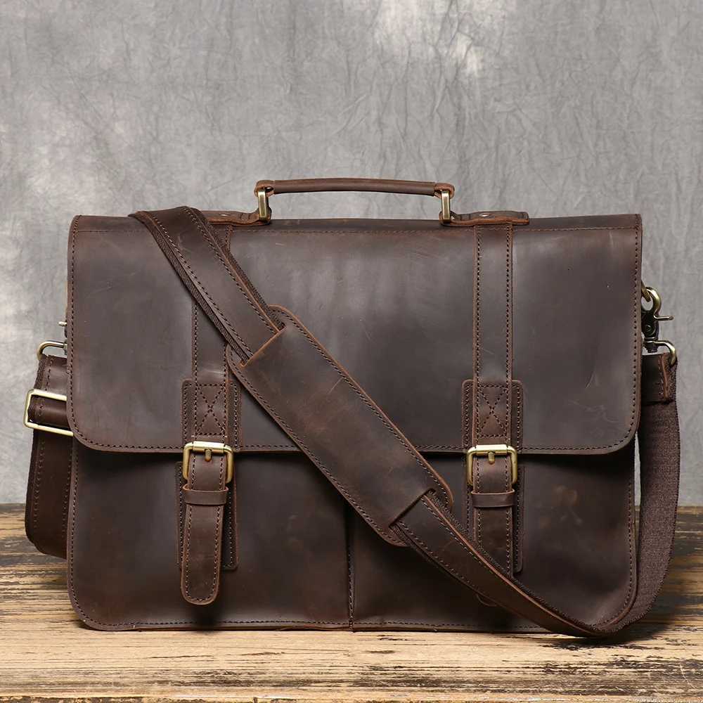 Briefcase Crazy Horse Leather Mens Cowhide Shoulder Crossbody Bag Large Capacity Genuine Leather Laptop Bag Z250906