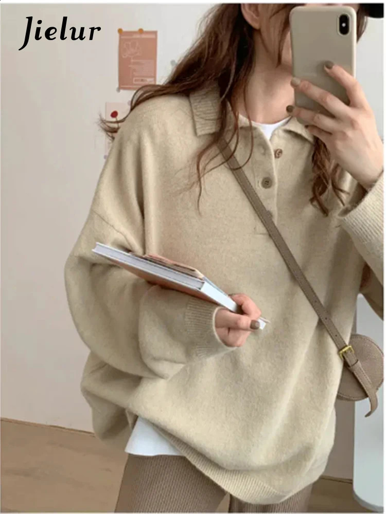 Jielur Autumn Casual Loose Pullovers Woman Street Solid Color Slim Female Apricot Polo Knitted Fashion Women Top 250911