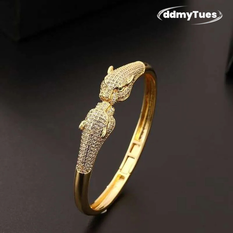 DHCollections Leopard Print Open Cuff Bracelet - Gold Plated Hip Hop Bangle with Zircon Stones | Animal Jewelry for Women & Men TUES