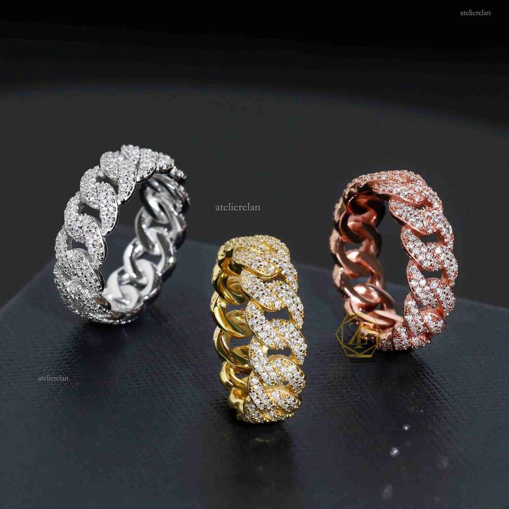 Hiphop Jewelry 2 Rows 7mm Width Cuban Link Sier Moissanite Dia Ice Out Rapper Men Ring L2506090MS3