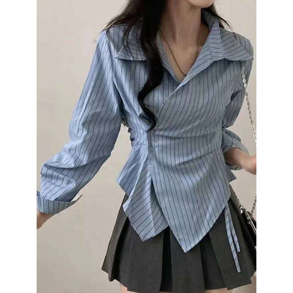 Jmprs Fashion Slim Striped Shirt Women Elegant Korean Long Sleeve Blouse Casual Irregular Female Spring Sweet Chic All Match Top