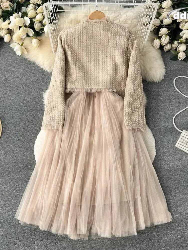 Autumn Spaghetti Strap Woolen Patchwork Mesh Tulles Midi Dress Short Tweed Jacket Coat For Women 2 Pieces Set Outfits 240708 TUES