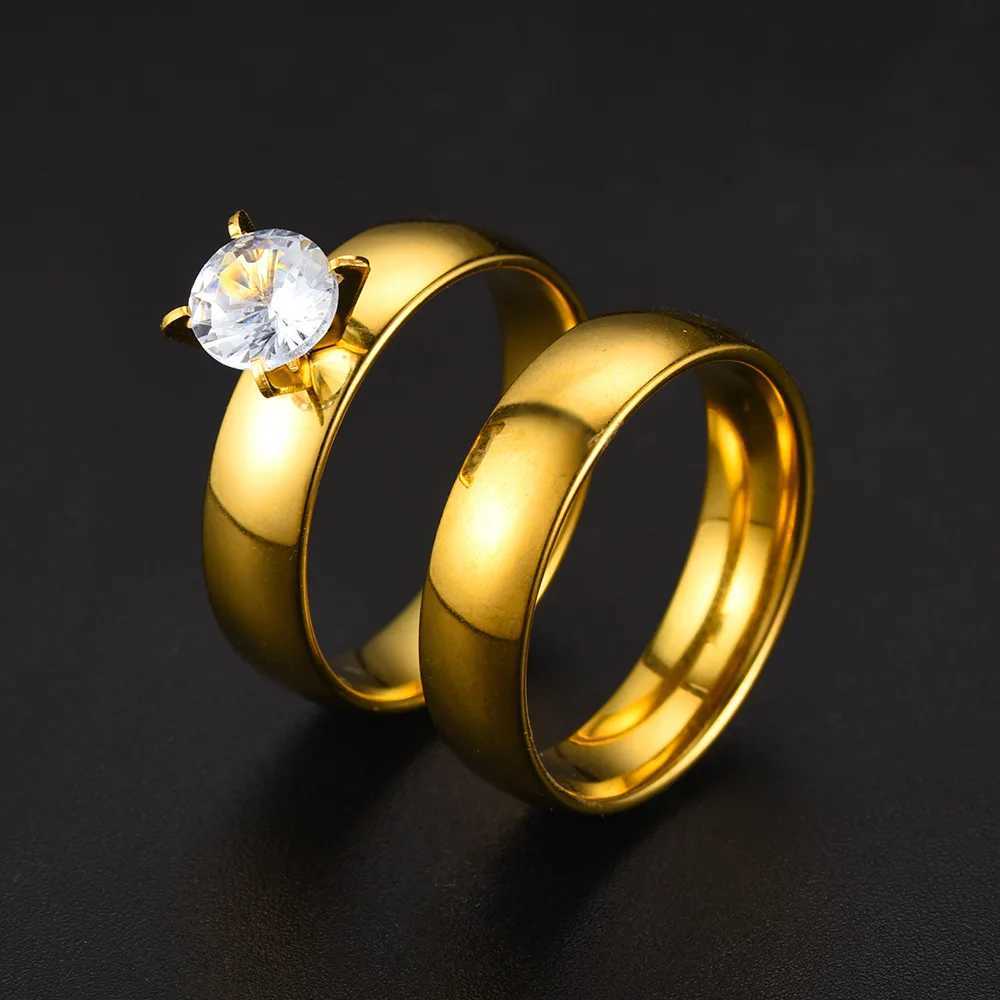 Fashion GoldColor Stainless Steel Couple Rings Set for Women And Men Engagement Wedding Band Rings Valentines Day Gift W250911