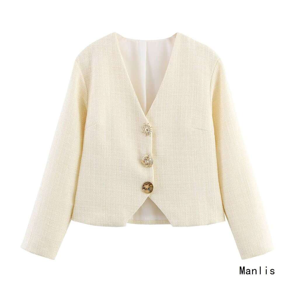 DHEssentials 2025 New Fashionable Elegant Women's Clothing with Unique Buckle Decoration, Little Chanel Style V-Neck Top