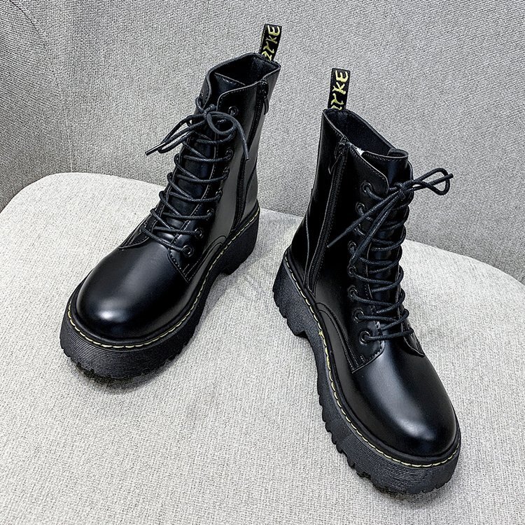 New autumn and winter designer shoes for women thick soled Martin boots, British style side zipper European and American fashionable high top lace up 