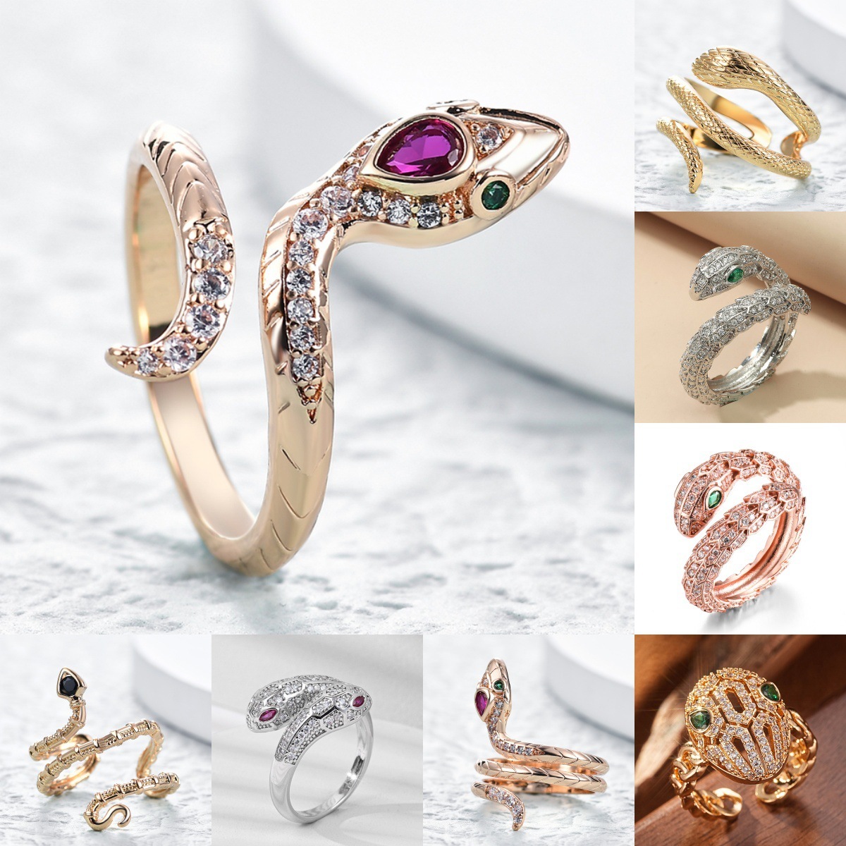 Luxury Brand Designer Jewelry Snake-Shaped Ring European And American Foreign Trade Trendy Copper Inlaid Zircon Vintage Animal Niche Design Elegant Op