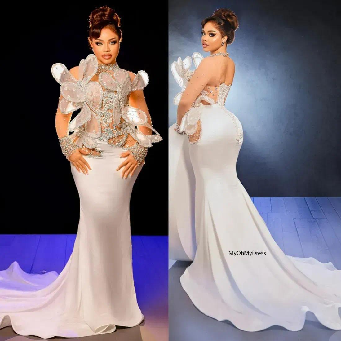 New 2025 Aso Ebi Prom Dresses for Black Women Mermaid Long Sleeves High Neck Illusion Rhinestones Promdress Evening Dresses Birthday Party Dress Guest