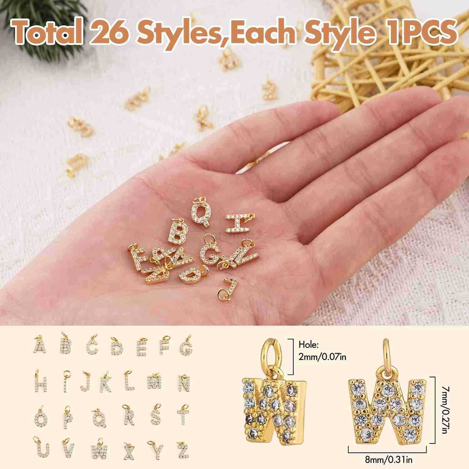 26Pcs 18K Gold Filled AZ Alphabet Letters Charms for Jewelry Making Initial AZ Alphabet Charm Pendant Beads Slide Glitter Pendants for Women DIY Neckl