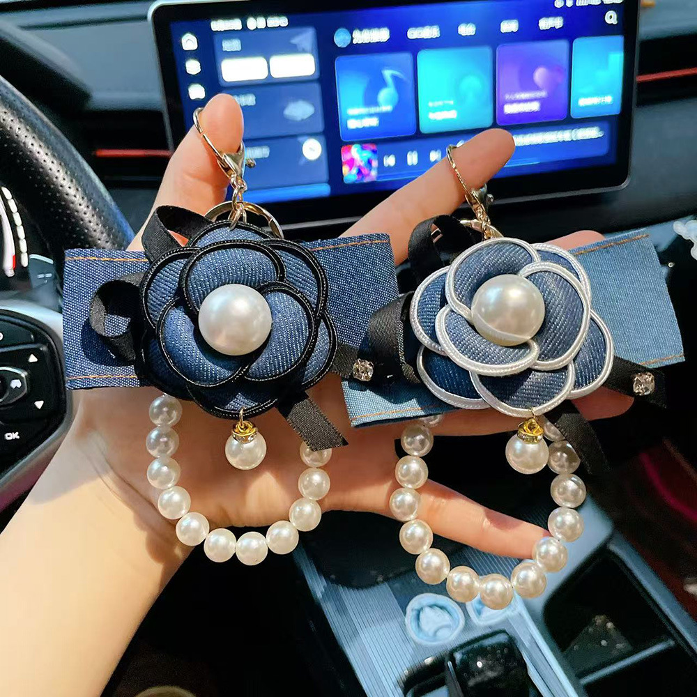 Luxury Camellia Flower Keychain with Bee Pearl Tassel Elegant Rose Gold Bag Charm Pendant Car Key Ring for Women Unique Gift Idea