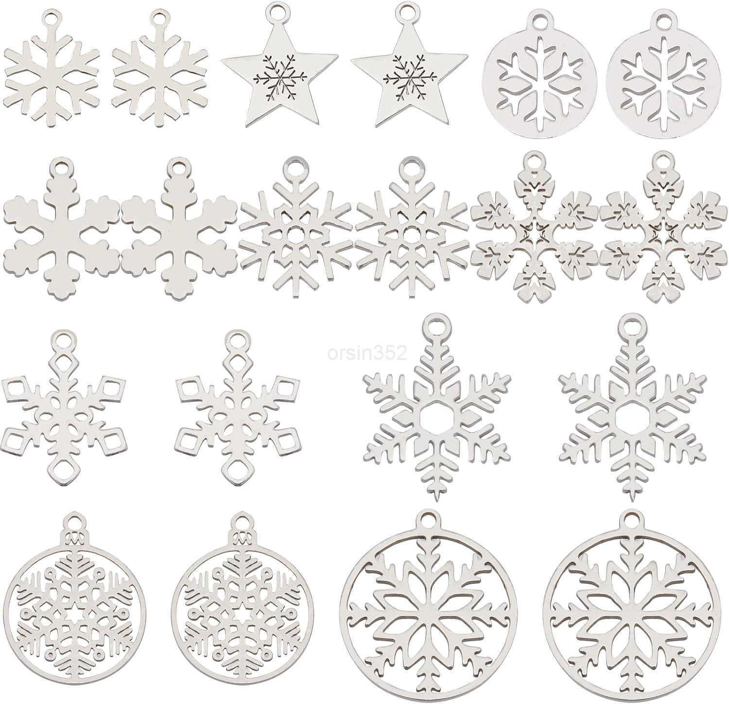 1 Box 36Pcs 6 Style Snow Charms Christmas Snowflake Charms Xmas Winter Rhinestone Pendants for Jewelry Making DIY Necklace Earrings Christmas PaW25091
