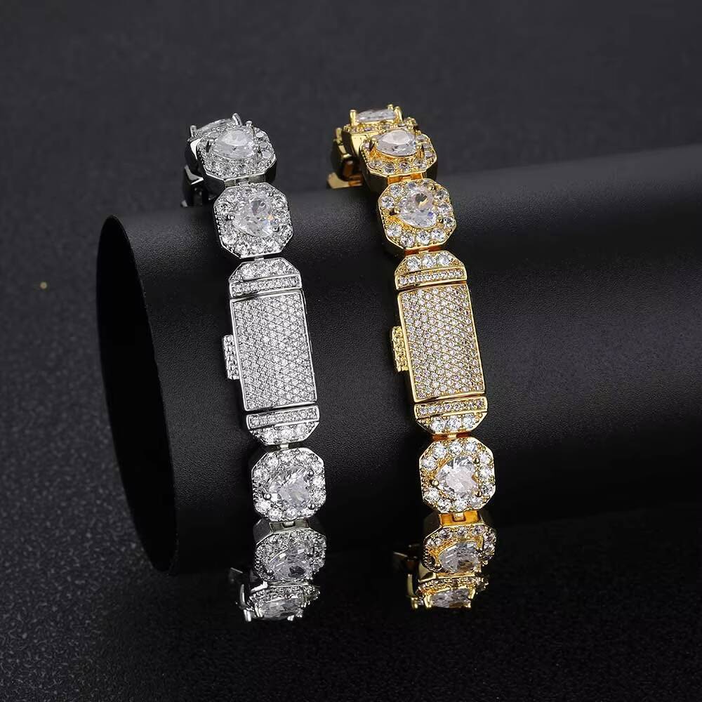 NUOYA High Quality 10mm Iced Out Heart Shape CZ Diamond Chain Jewelry for Women 18k Gold Plated Cluster Tennis Bracelet