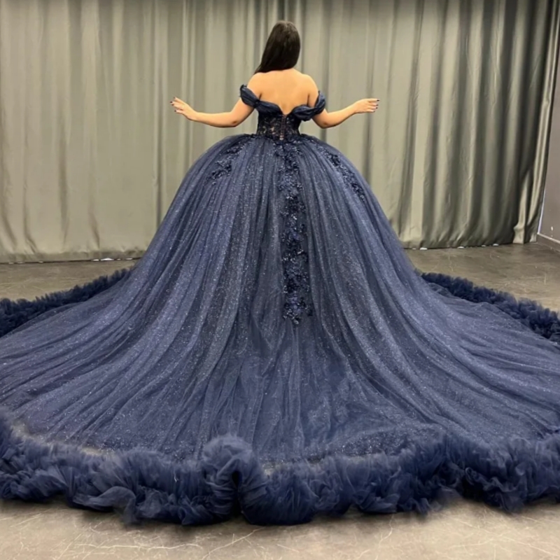 Navy Blue Shiny Ball Gown Quinceanera Dresses Off The Shoulder Applique Flower Beads Tiered Tull Party Birthday Sweet 16 Dress Vestidos 15 De Anos